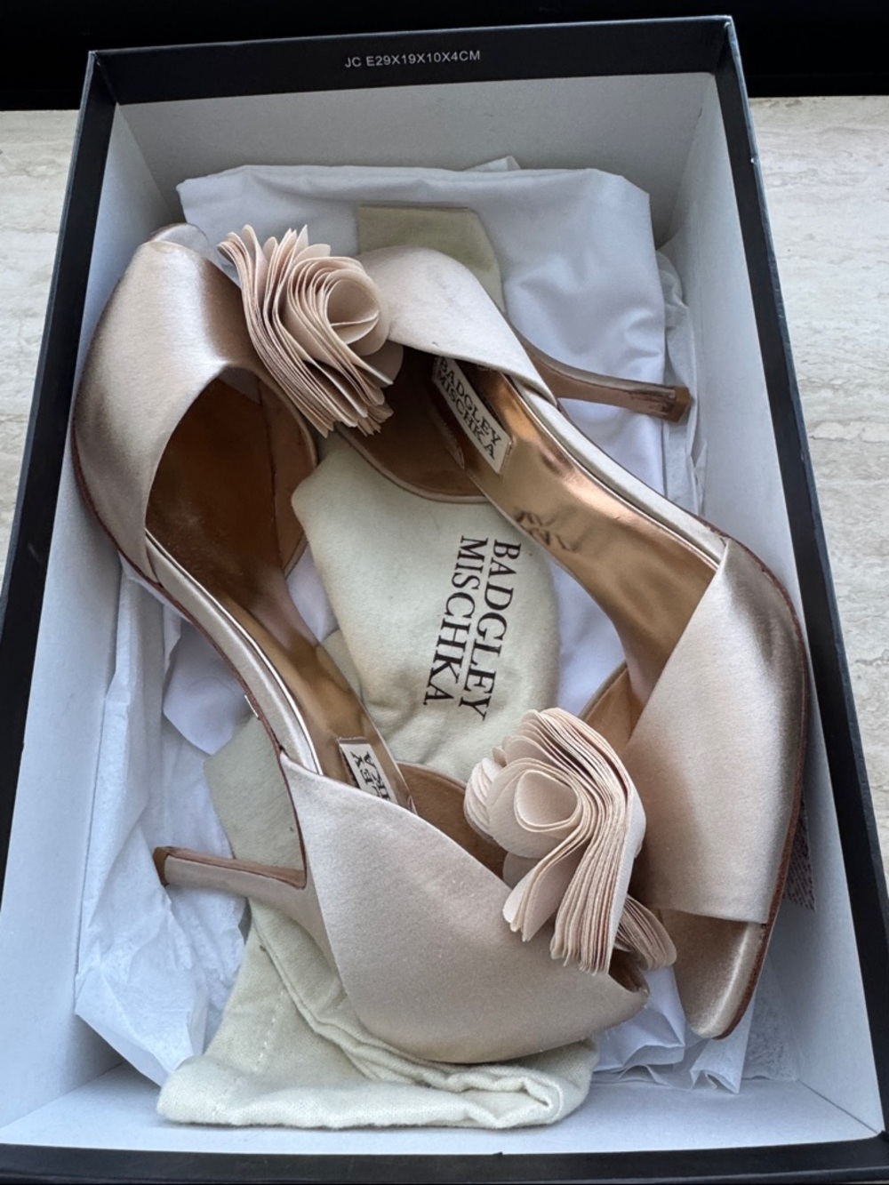 Badgley Mischka Satin Peep-Toe Heels in Blush Pink with Rosette